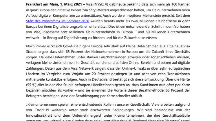 Dank Visa Initiative bereits über zwei Millionen europäische Unternehmen digitalisiert