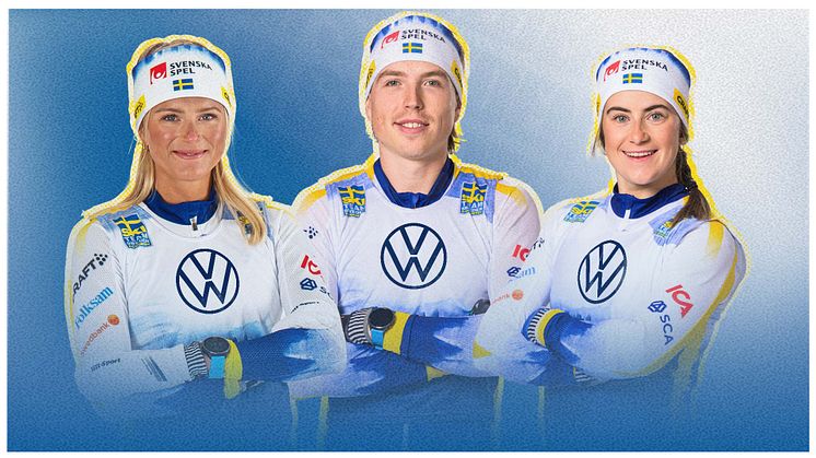 Frid Karlsson, William Poromaa och Ebba Andersson är laddade för att köra igång den nya säsongen. Foto: Svenska Skidförbundet