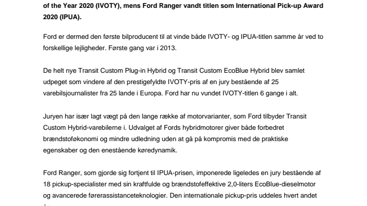 Ford er dobbelt stormester ved International Van of the Year 2020
