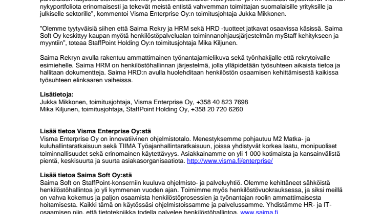 Visma vahvistaa tuotetarjontaansa ostamalla Saima Soft Oy:n HR-tuotteet
