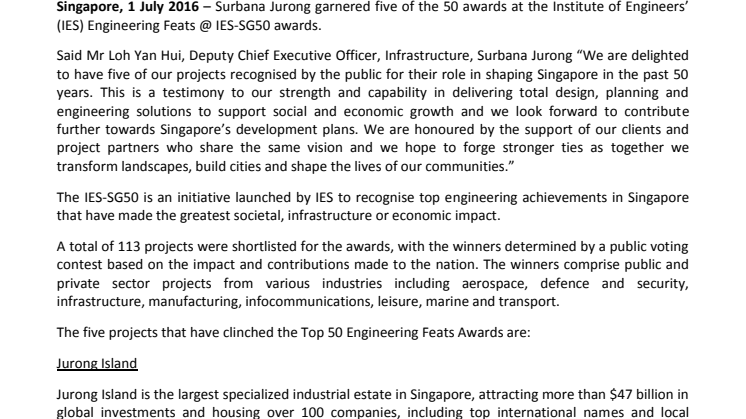 ​Surbana Jurong & its clients garner five of the 50 awards at IES-SG50 competition