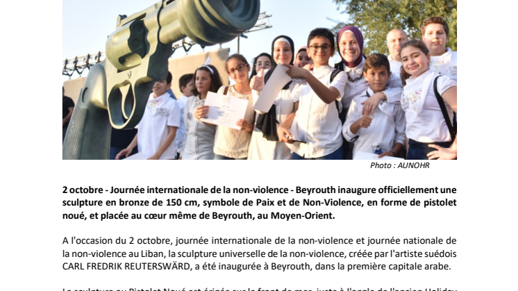 Beirut officially unveils the Knotted Gun "Non-Violence" sculpture, in the first Arab capital.