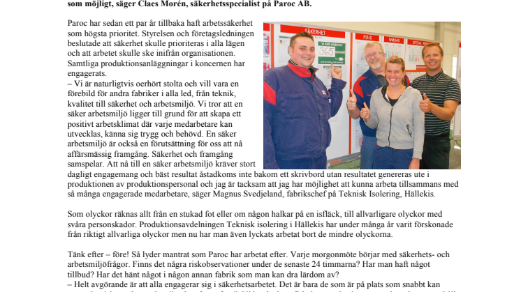 Tydligt fokus på säkerhet ger resultat: Ett år utan olyckor på Parocs fabrik i Hällekis   