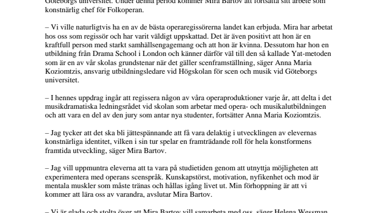 Folkoperans konstnärliga chef Mira Bartov blir professor