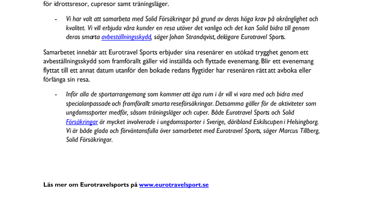 Eurotravel Sports väljer Solid Försäkringar som samarbetspartner