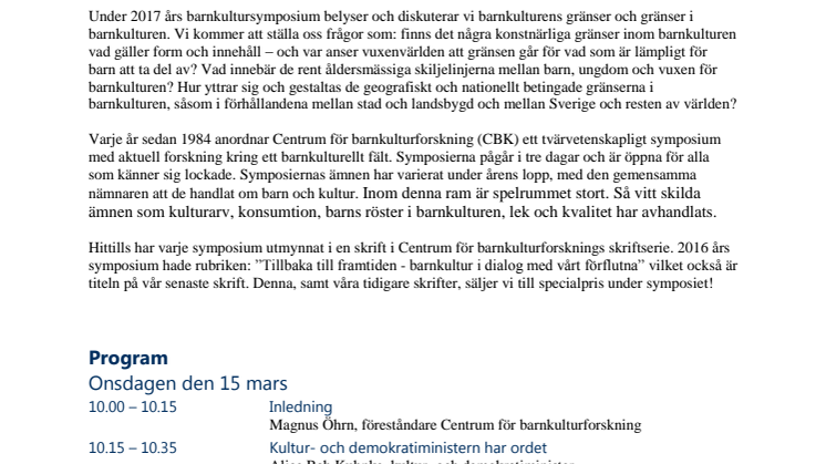 Program Barnkultursymposium 2017: Barnkulturens gränsland