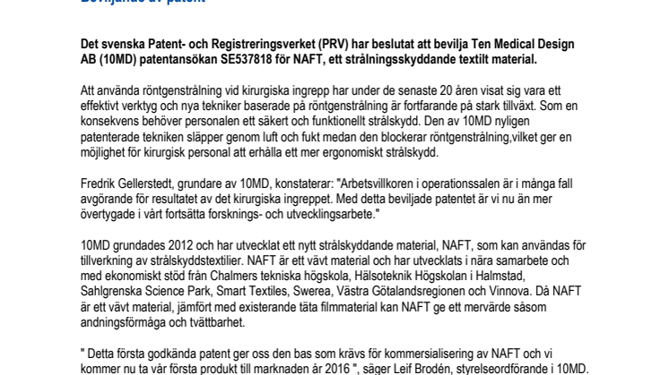 Patent beviljat för röntgenskyddsmaterial
