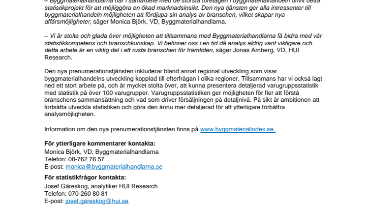 Byggmaterialhandlarna och HUI Research lanserar ny statistik för byggmaterialhandeln