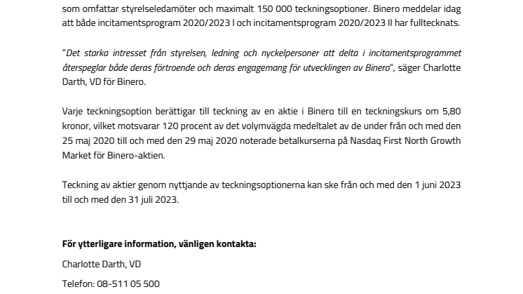 Binero Group AB (publ) meddelar utfall av teckning i incitamentsprogram 2020/2023 I och incitamentsprogram 2020/2023 II