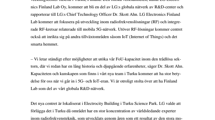 ​LG ÖPPNAR NYTT R&D-CENTER I FINLAND MED FOKUS PÅ RADIOFREKVENSLÖSNINGAR FÖR MOBILA 5G-NÄTVERK