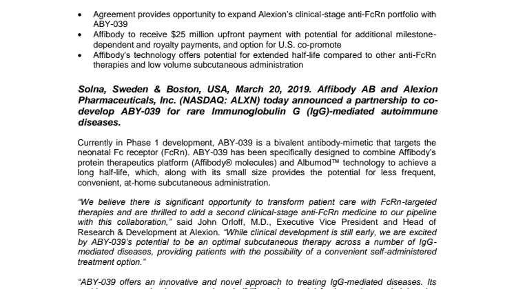 Alexion and Affibody Announce Partnership to Co-Develop Anti-FcRn Affibody® Molecule