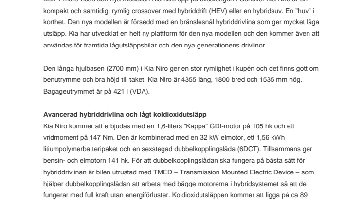 Europapremiär för nya Kia Niro i Genève