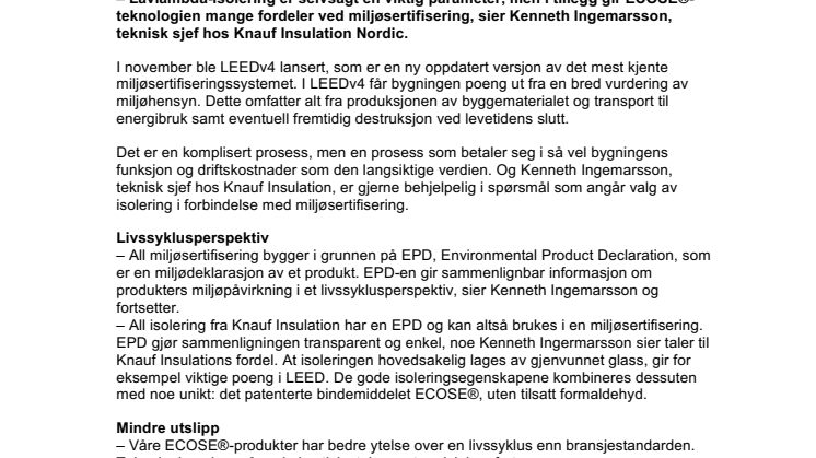 ECOSE®-teknologien fra Knauf Insulation gir mange miljøpoeng
