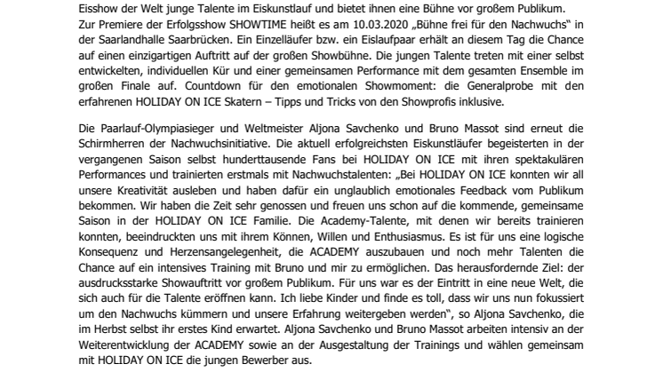 HOLIDAY ON ICE ACADEMY startet Talentaufruf für Saarbrücken – Aljona Savchenko und Bruno Massot unterstützen die Nachwuchsinitiative