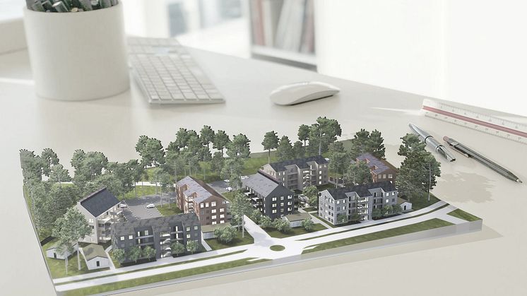 Nordtag, Ytterby. Hökerum Bygg planerar sju hus med totalt cirka 130 bostadsrätter. Illustration: Arkitekthuset.