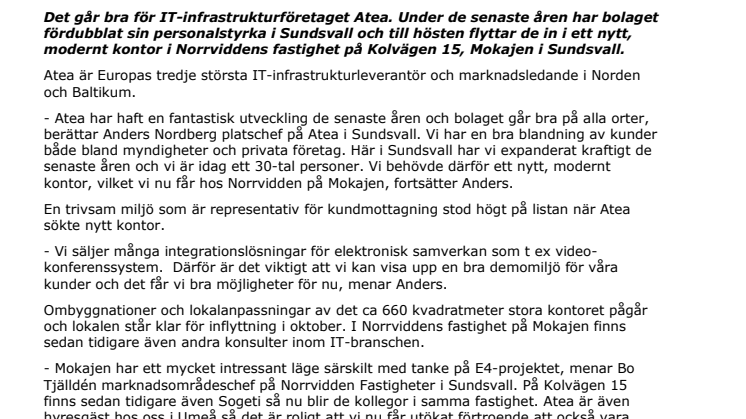 Atea växer och flyttar till Mokajen i Sundsvall