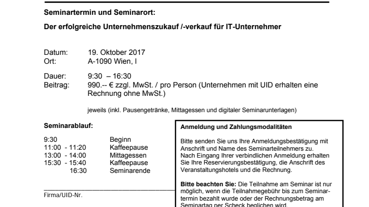 Anmeldung/Agenda. Unternehmens-zu und -verkauf, Unternehmensbewertung für IT-Unternehmer