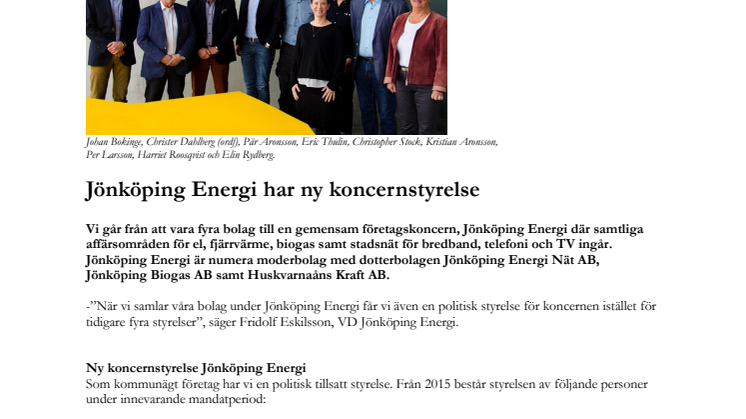 Jönköping Energi har ny koncernstyrelse 