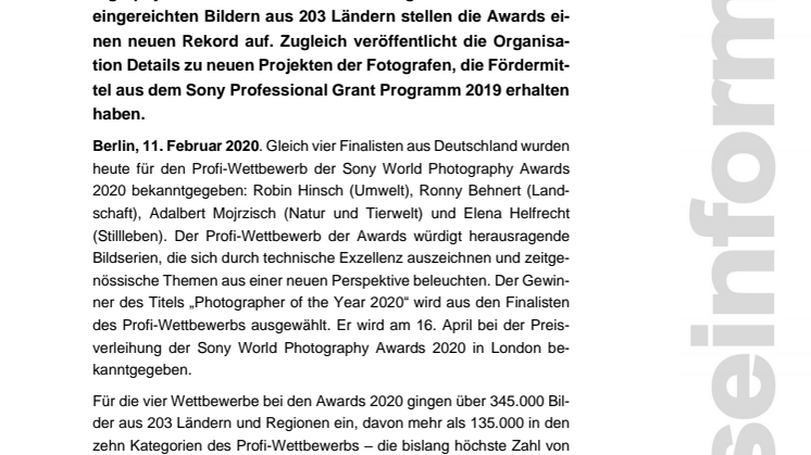 Sony World Photography Awards 2020: Vier Finalisten aus Deutschland im Profi-Wettbewerb