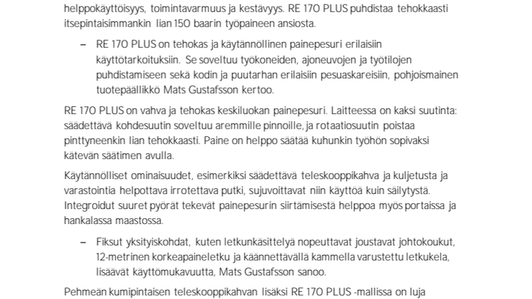Painepesuri RE 170 PLUS vaativaan ammatti- ja kotikäyttöön
