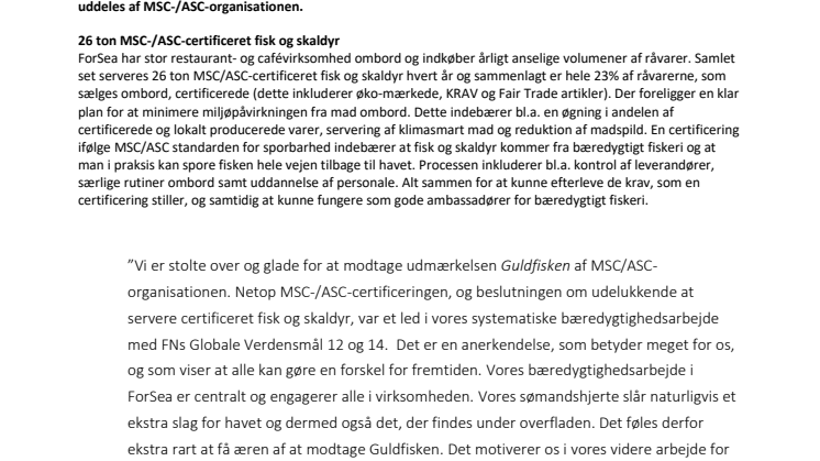 ForSea anerkendes for sine ambitiøse bæredygtighedsmål og får den prestigefyldte MSC-/ASC pris − Guldfisken