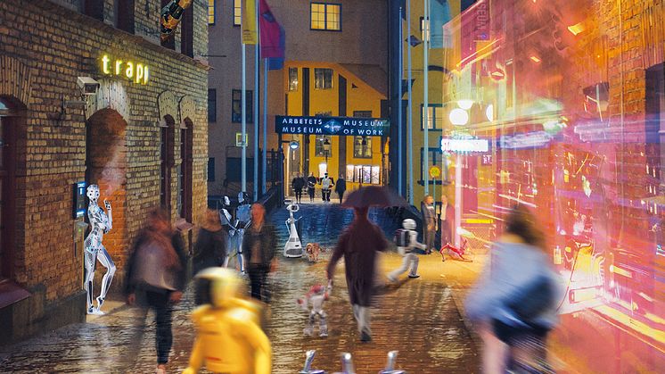 Den nya utställningen Hej robot! bjuder in till funderingar över framtidens samhälle. Illustration: Gullers Grupp.