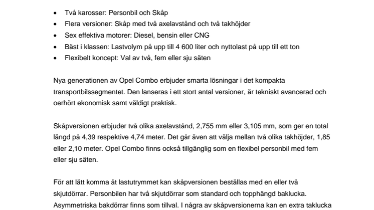 Nya Opel Combo: Stort utbud av kraftfulla versioner