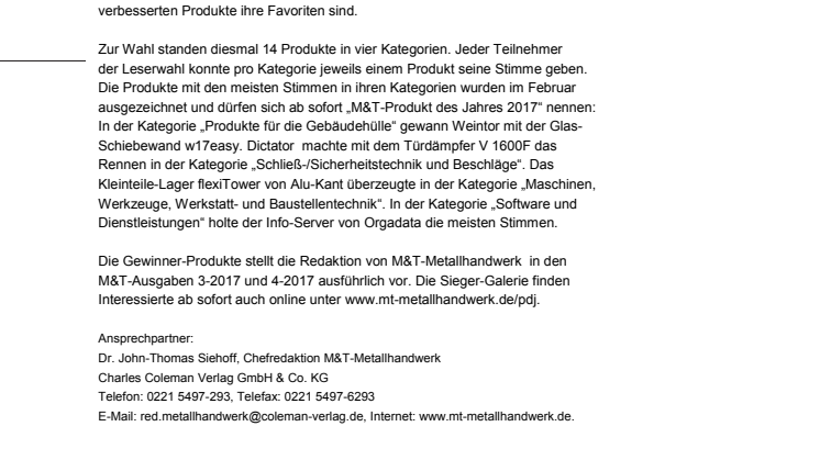 M&T-Metallhandwerk kürt die M&T-Produkte des Jahres 2017