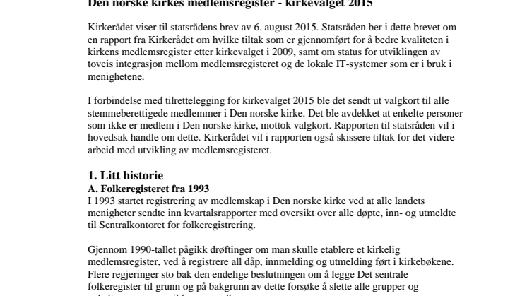Rapport fra Kirkerådet til kulturministeren om Den norske kirkes medlemsregister 8. oktober 2015
