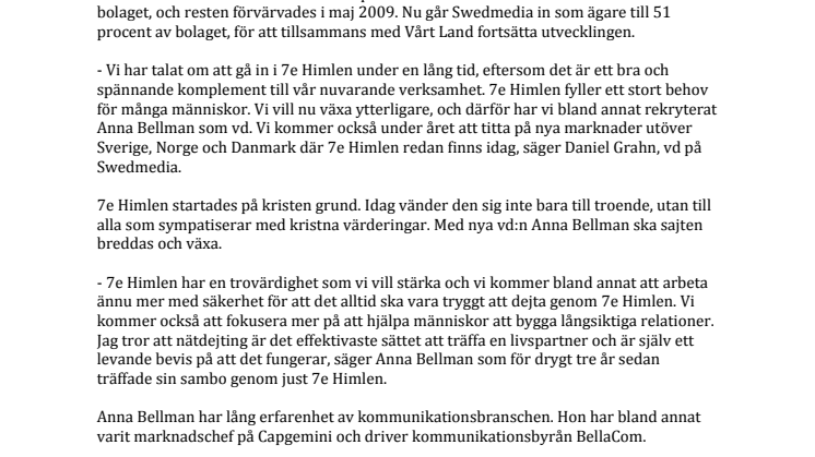 Swedmedia går in som ägare i 7e Himlen - rekryterar ny vd och expanderar internationellt 