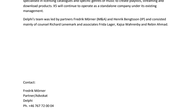 Delphi represents Warner Music Group in its acquisition of X5 Music Group AB