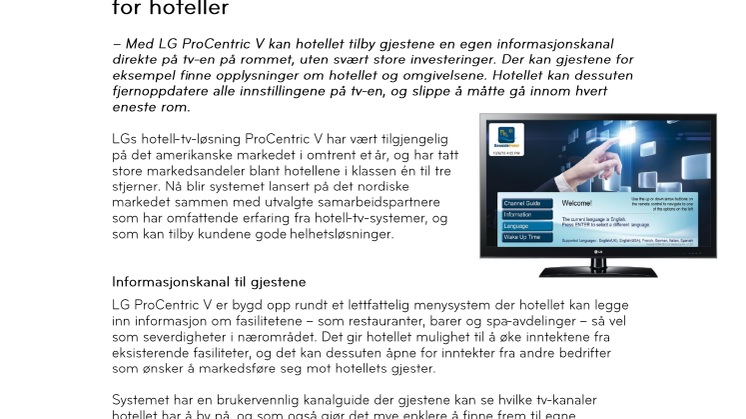 LG lanserer ProCentric V – en helt ny tv-løsning for hoteller 