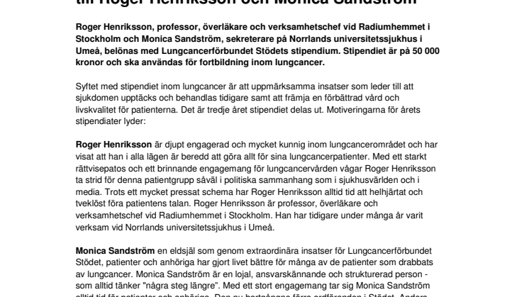 Lungcancerförbundet Stödets stipendium går till Roger Henriksson och Monica Sandström