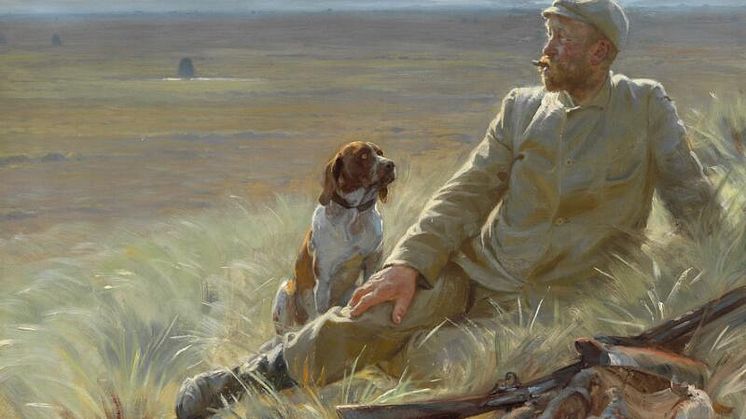 P. S. Krøyer- Degn Brøndum siddende i klitten med sin jagthund. Sign. S. Kröyer, Skagen 98. Olie på lærred. 55 x 81. Vurdering- 1.500.000-2.000.000 kr.