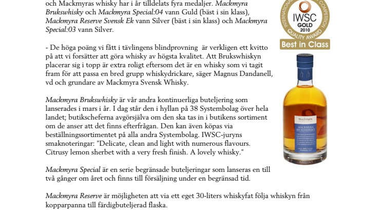 Guldmedalj till Mackmyra Brukswhisky 