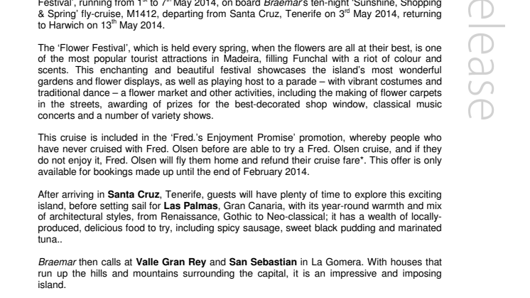 Experience the beauty of the annual ‘Funchal Flower Festival’ with Fred. Olsen Cruise Lines