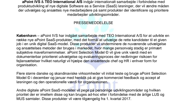 aPoint IVS & TEO International A/S indgår internationalt samarbejde