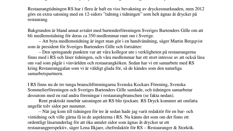 Sveriges Bartenders Gille väljer RS som medlemstidning