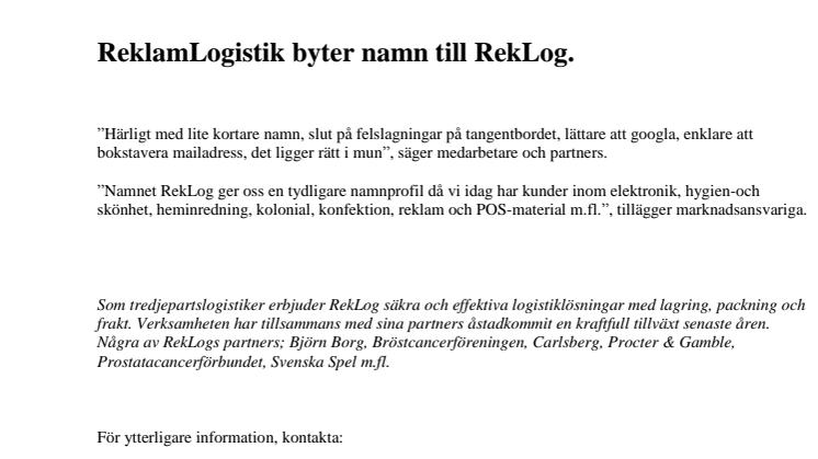 ReklamLogistik byter namn till RekLog.