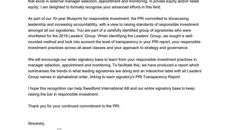 PRI Leaders' Group Letter to Swedfund International AB