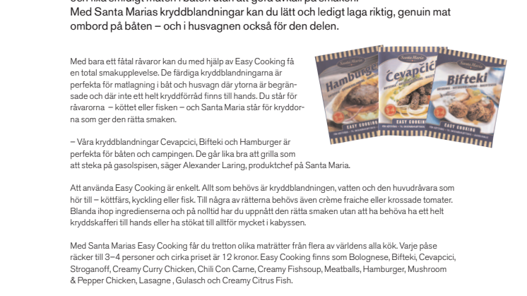 Easy Cooking från Santa Maria gör båtlivet enklare