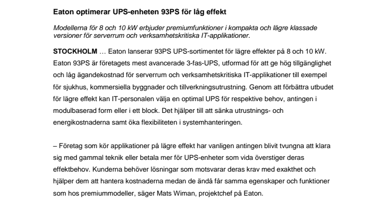 Eaton optimerar UPS-enheten 93PS för låg effekt