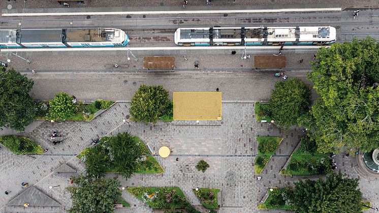 Brunnsparken från ovan. Gul markering av platsen där cafébyggnaden ska placeras. Foto: Yousef Boussir, fastighetskontoret Göteborgs Stad