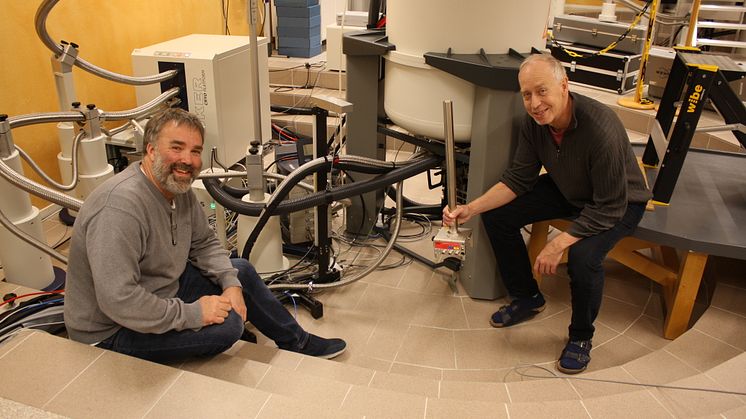 Tobias Sparrman, facility manager, och föreståndare Gerhard Gröbner som håller i den speciella MAS proben som gör Umeås NMR-infrastruktur så speciell. Foto: Anna Shevtsova