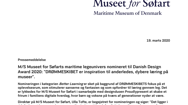 M/S Museet for Søfarts maritime legeunivers nomineret til Danish Design Award 2020: ”DRØMMESKIBET er inspiration til anderledes, dybere læring på museer”.