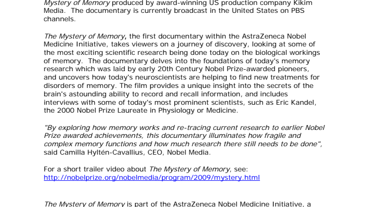 Nobel Media Explores Research on Memory and its Heritage from the Nobel Prize in Physiology or Medicine