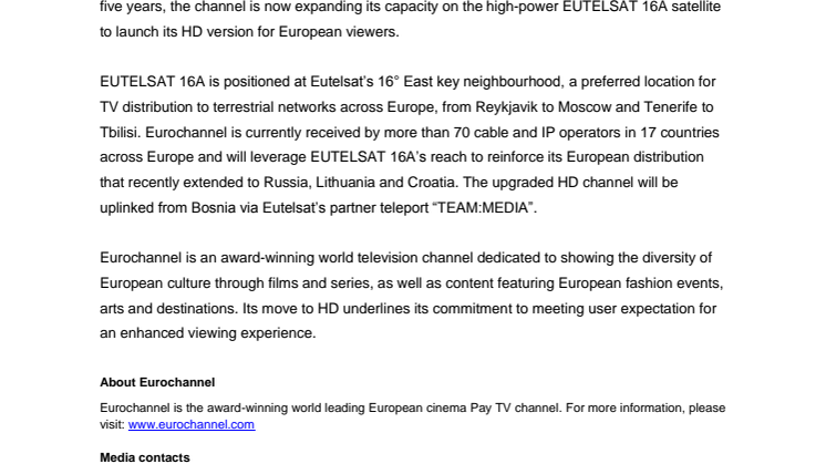 Eurochannel upgrades to HD at Eutelsat’s key video neighbourhood at 16° East