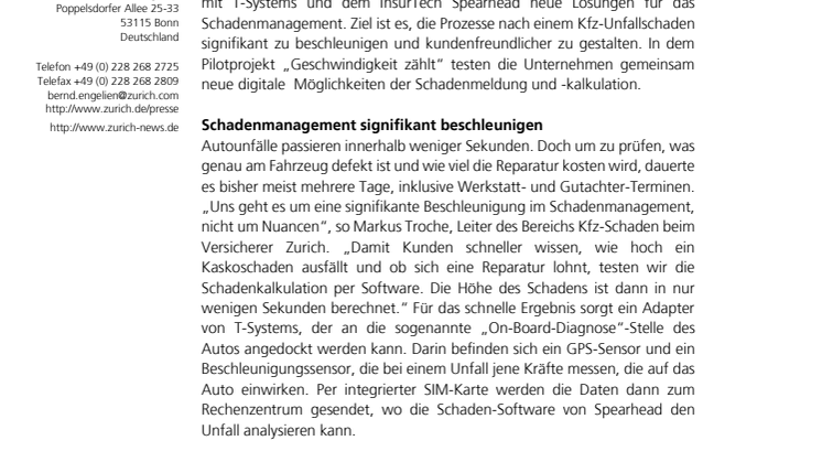 Geschwindigkeit zählt: Zurich kooperiert mit T-Systems und Spearhead im Schadenmanagement