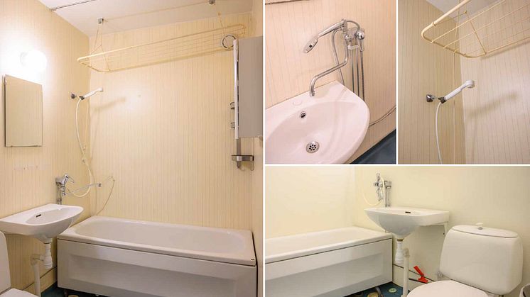 Medicinaren före renovering badrum kollage