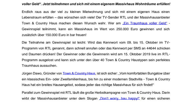 Jetzt ein Town & Country Traumhaus voller Geld gewinnen!